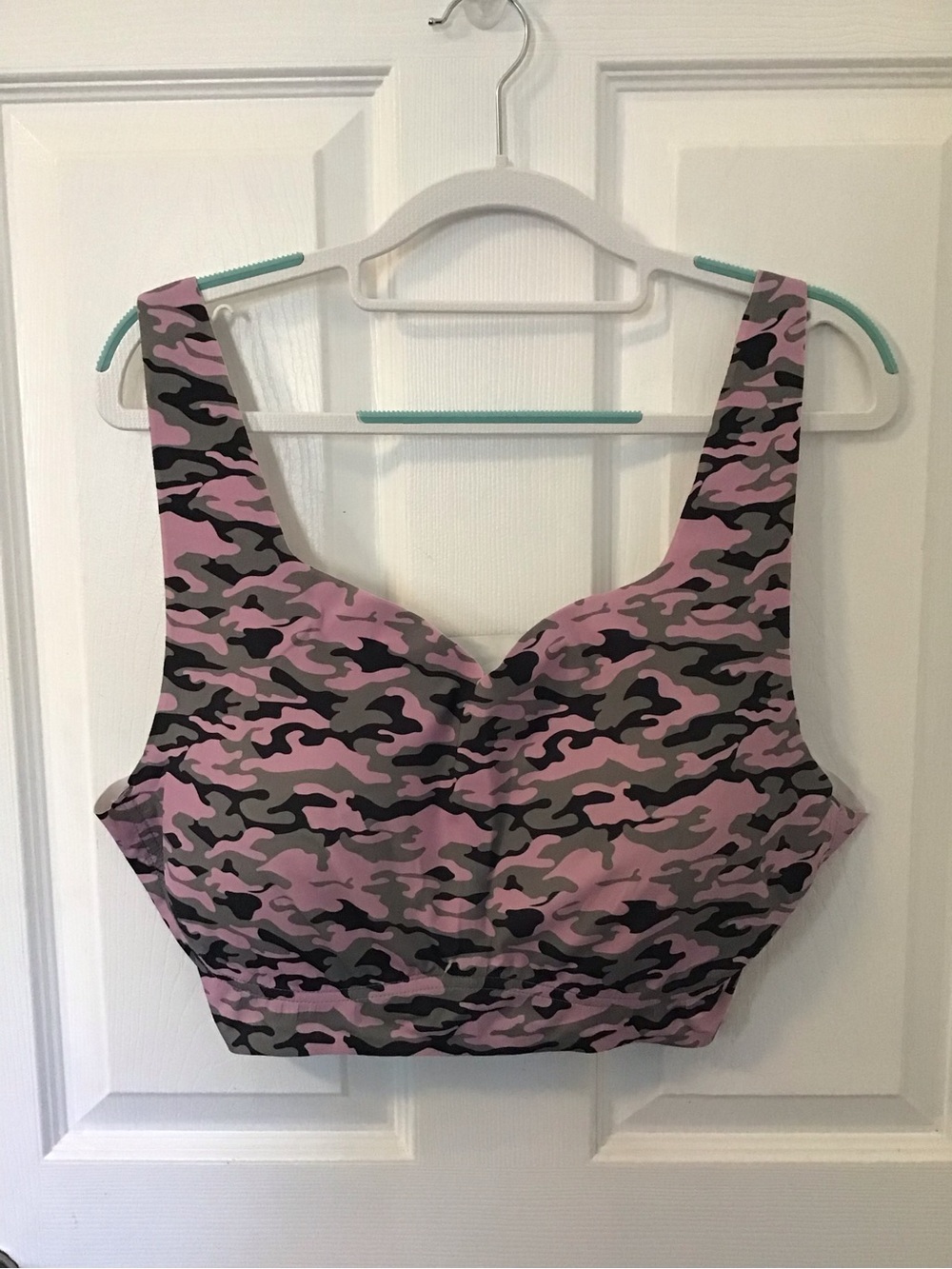 Rhonda Shear Pink and Gray Camo Sports Bra